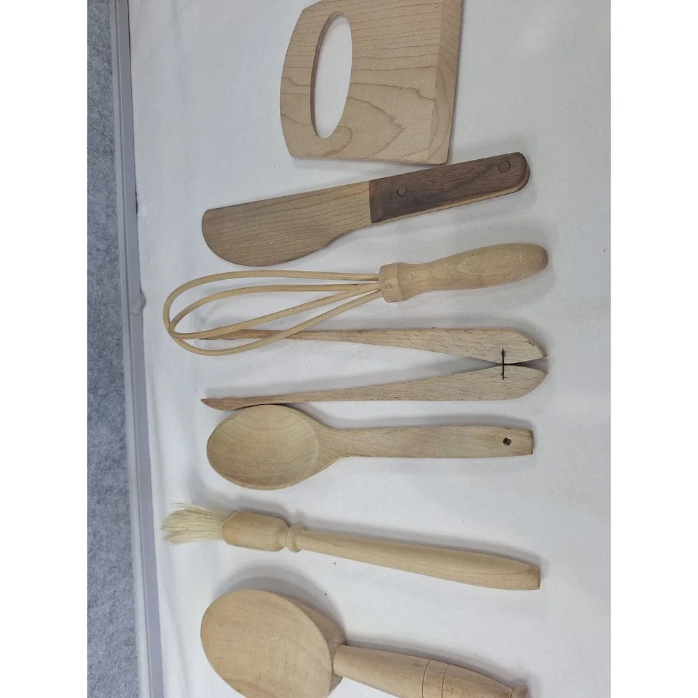7 Piece Handcrafted Kids Wooden Kitchen Utensil Set Whisk Tongs Spoon Brush
